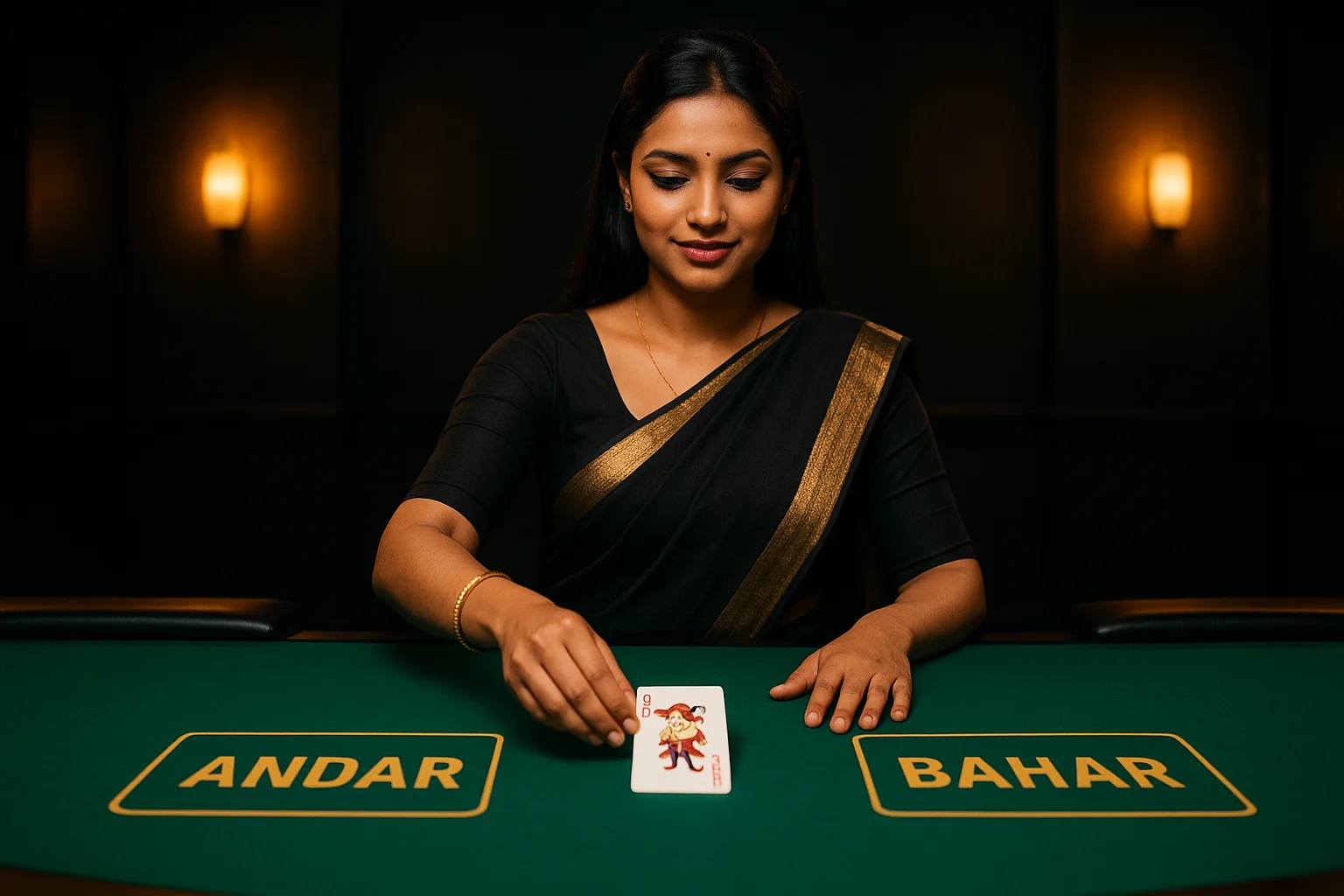 Live Andar Bahar card game table with opening trump card and betting sides