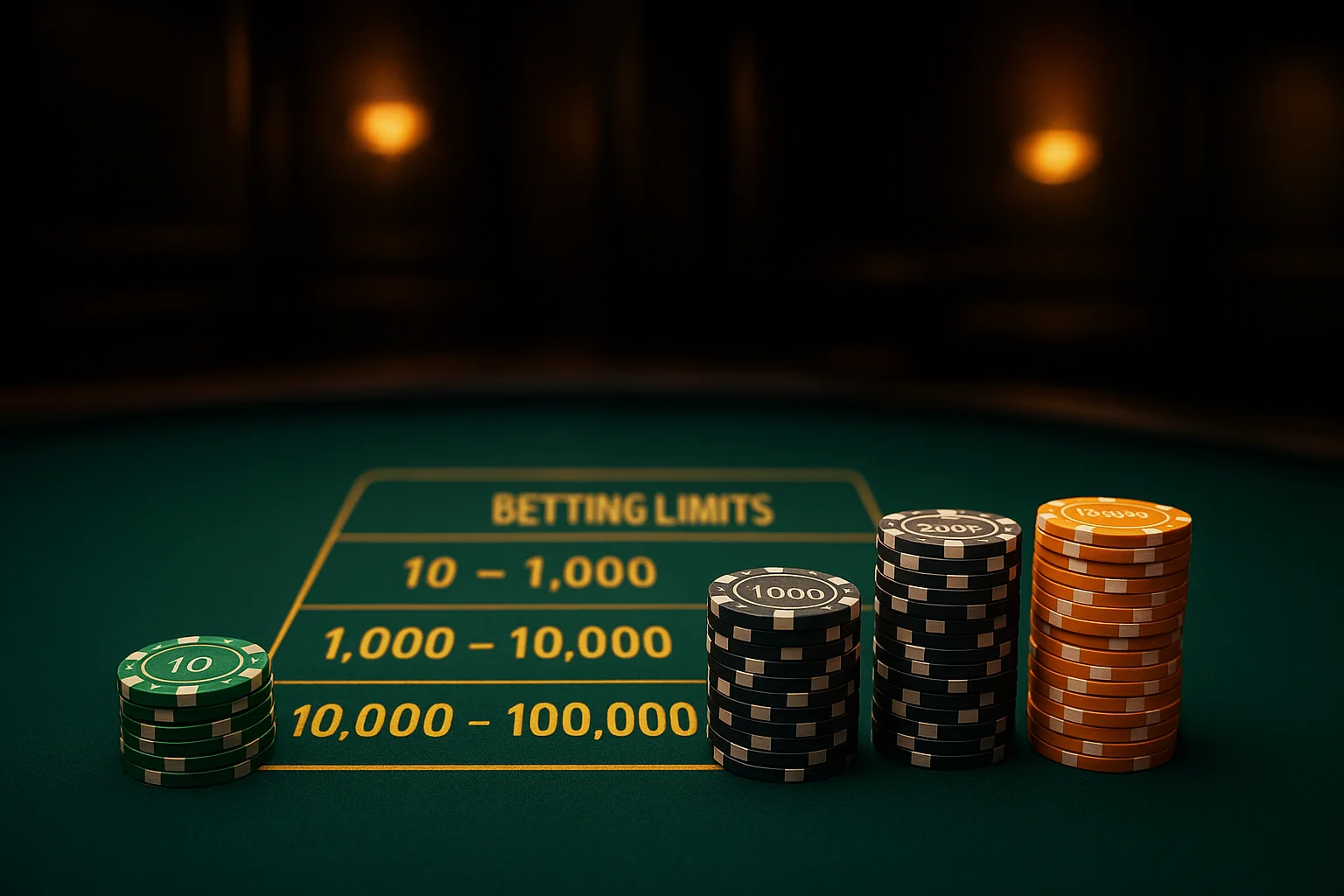 Casino chips arranged on felt illustrating table limits from 10 to 100000 rupees